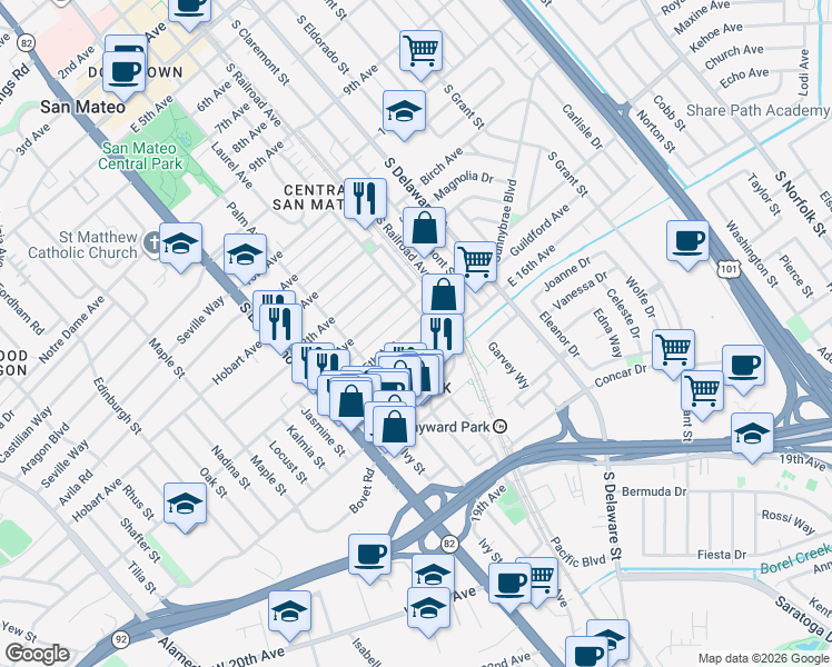 map of restaurants, bars, coffee shops, grocery stores, and more near 137 16th Avenue in San Mateo