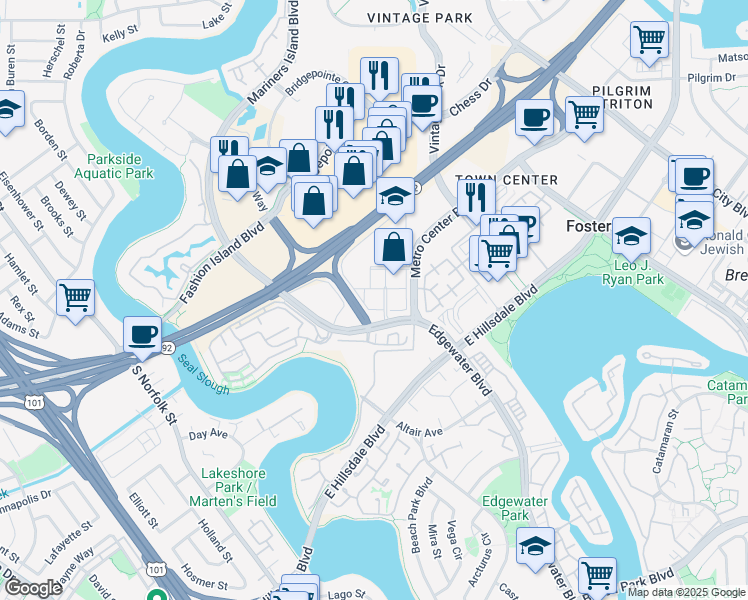 map of restaurants, bars, coffee shops, grocery stores, and more near in San Mateo