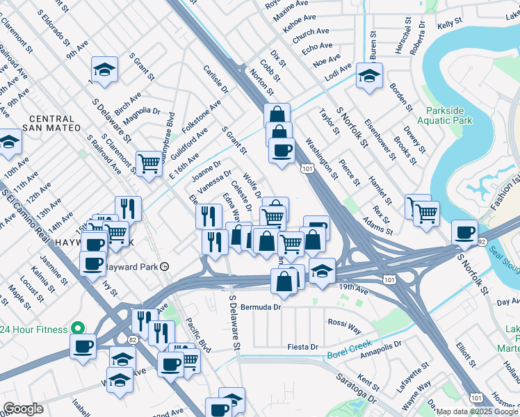 map of restaurants, bars, coffee shops, grocery stores, and more near 1750 Celeste Drive in San Mateo