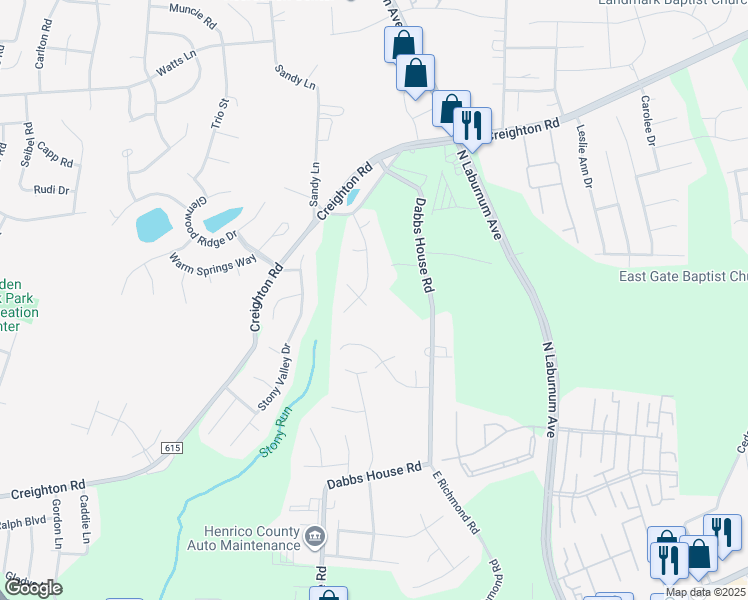 map of restaurants, bars, coffee shops, grocery stores, and more near 3000 Hunters Trce in Richmond