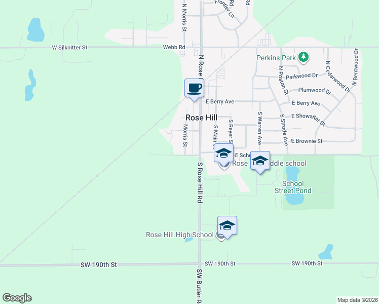 map of restaurants, bars, coffee shops, grocery stores, and more near 345-443 South Rose Hill Road in Rose Hill