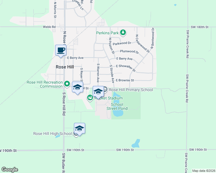 map of restaurants, bars, coffee shops, grocery stores, and more near 391-413 East School Street in Rose Hill