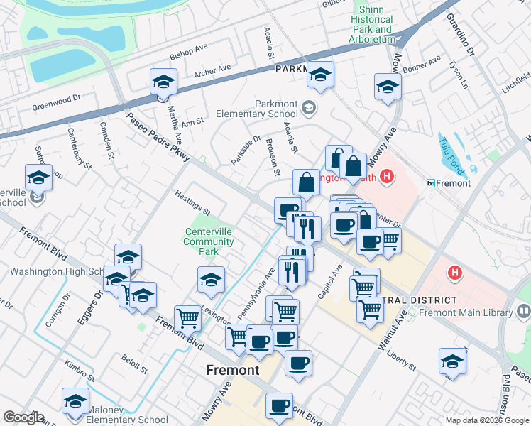 map of restaurants, bars, coffee shops, grocery stores, and more near 38655 Paseo Padre Parkway in Fremont