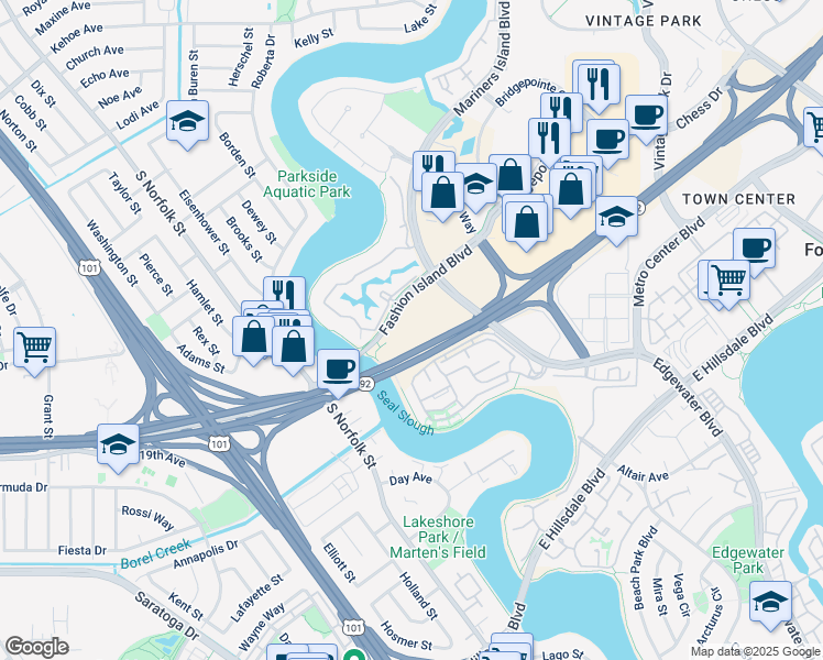 map of restaurants, bars, coffee shops, grocery stores, and more near 1400 Fashion Island Boulevard in San Mateo