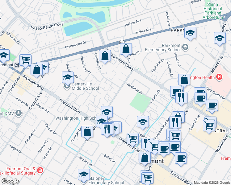 map of restaurants, bars, coffee shops, grocery stores, and more near 3330 Eggers Drive in Fremont