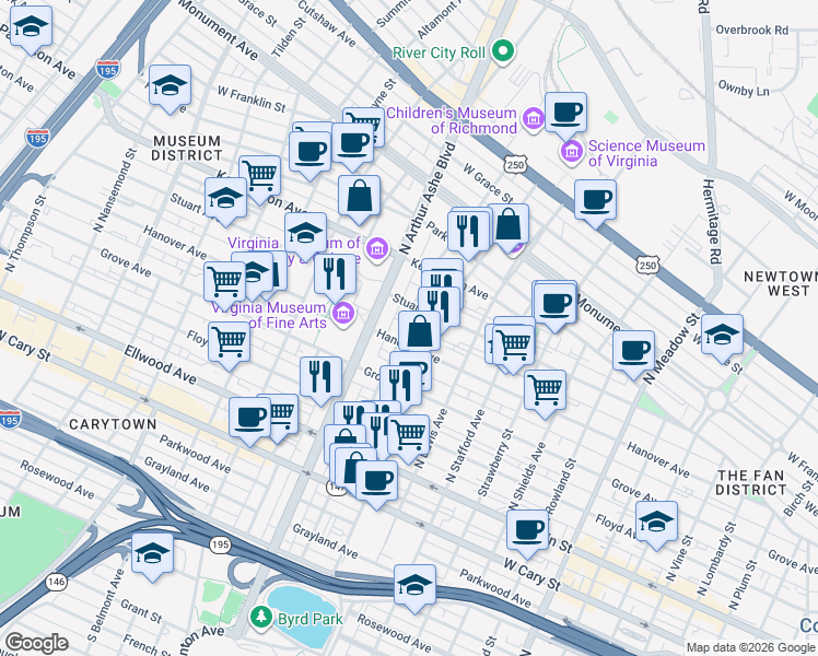 map of restaurants, bars, coffee shops, grocery stores, and more near 2614 Hanover Avenue in Richmond