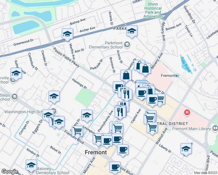 map of restaurants, bars, coffee shops, grocery stores, and more near 38655 Paseo Padre Parkway in Fremont
