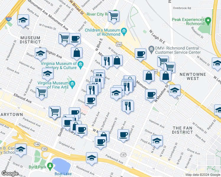 map of restaurants, bars, coffee shops, grocery stores, and more near 2424 Stuart Avenue in Richmond