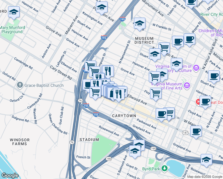 map of restaurants, bars, coffee shops, grocery stores, and more near 3429 Ellwood Avenue in Richmond