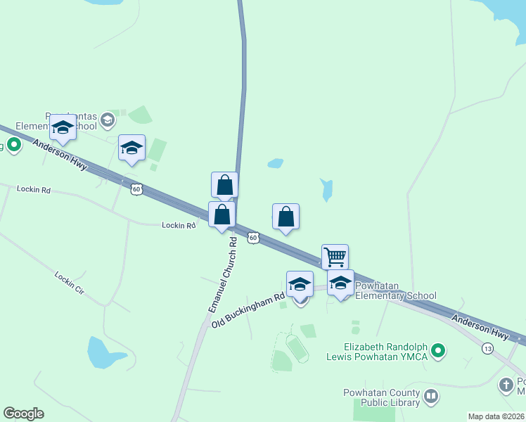 map of restaurants, bars, coffee shops, grocery stores, and more near 4140 Anderson Highway in Powhatan
