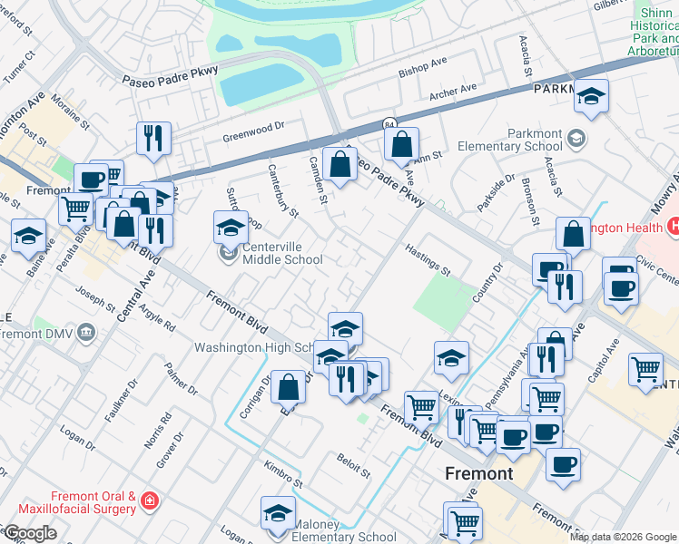 map of restaurants, bars, coffee shops, grocery stores, and more near 38039 Dundee Common in Fremont