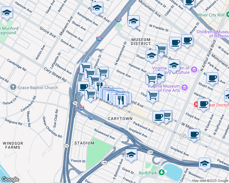 map of restaurants, bars, coffee shops, grocery stores, and more near 3404 Ellwood Avenue in Richmond