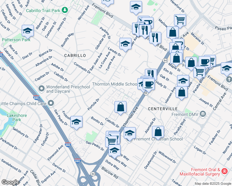map of restaurants, bars, coffee shops, grocery stores, and more near 4567 Balboa Way in Fremont