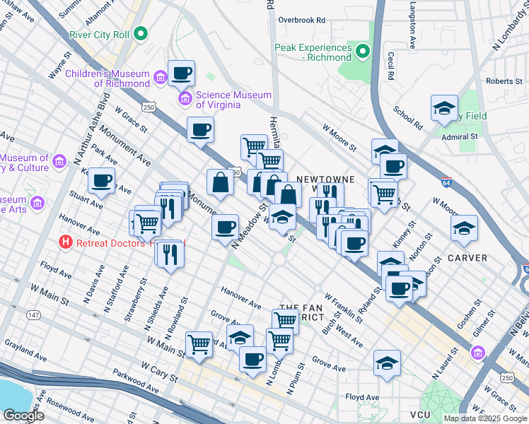 map of restaurants, bars, coffee shops, grocery stores, and more near in Richmond