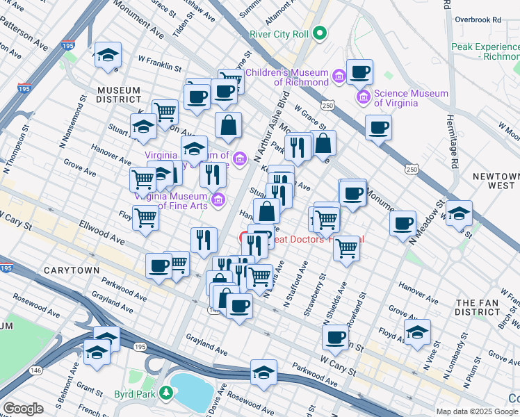 map of restaurants, bars, coffee shops, grocery stores, and more near 2614 Hanover Avenue in Richmond