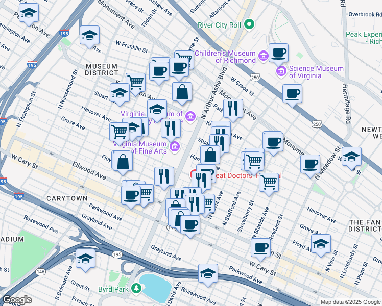 map of restaurants, bars, coffee shops, grocery stores, and more near 219 North Arthur Ashe Boulevard in Richmond