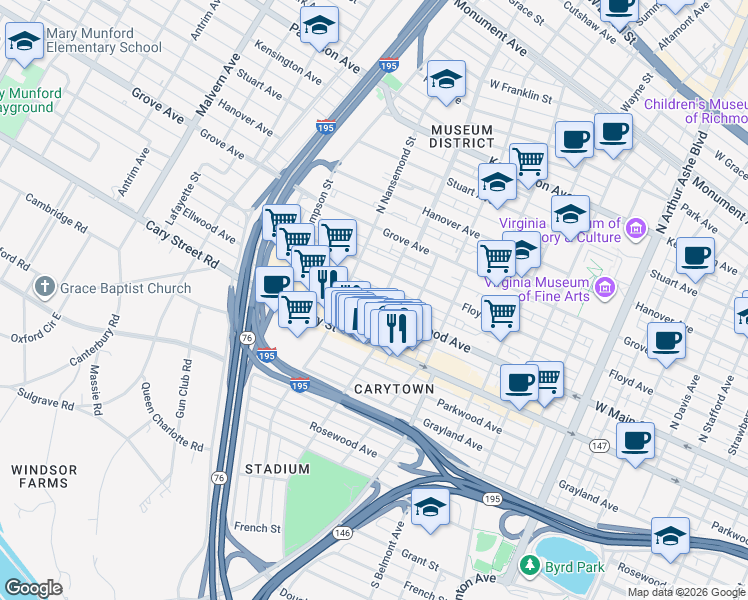 map of restaurants, bars, coffee shops, grocery stores, and more near 3313 Ellwood Avenue in Richmond