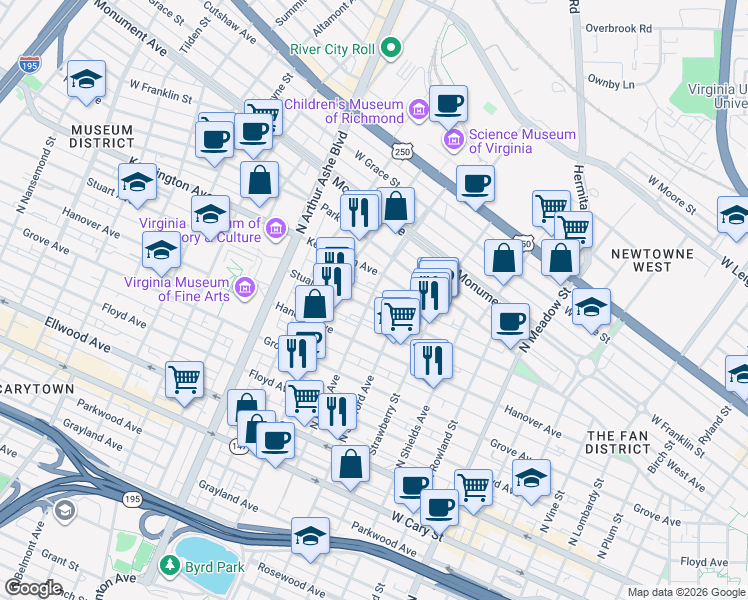 map of restaurants, bars, coffee shops, grocery stores, and more near 401 North Davis Avenue in Richmond