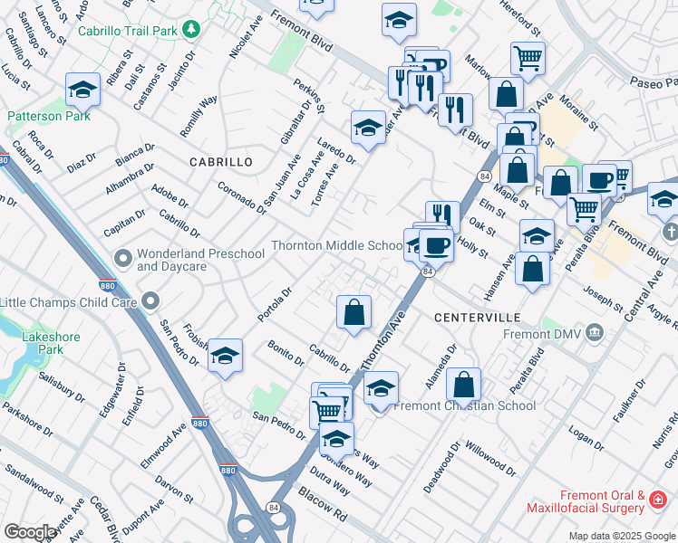 map of restaurants, bars, coffee shops, grocery stores, and more near 4567 Balboa Way in Fremont