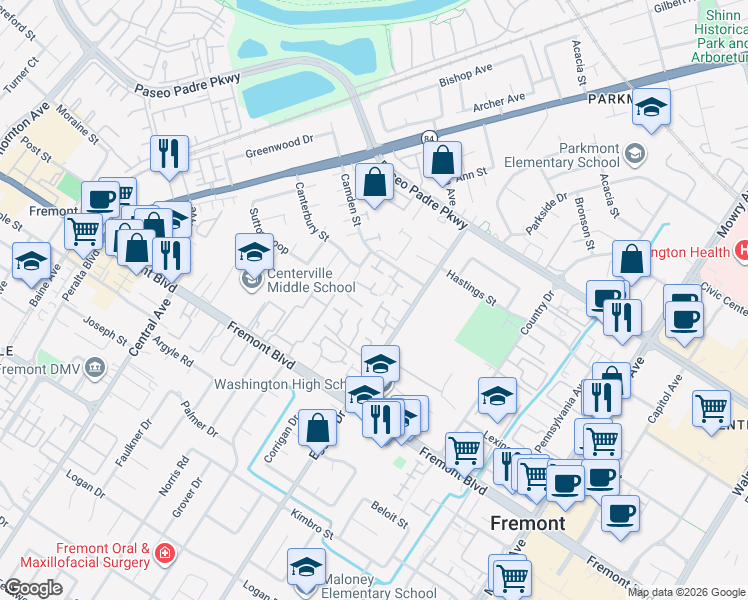 map of restaurants, bars, coffee shops, grocery stores, and more near 38039 Dundee Common in Fremont