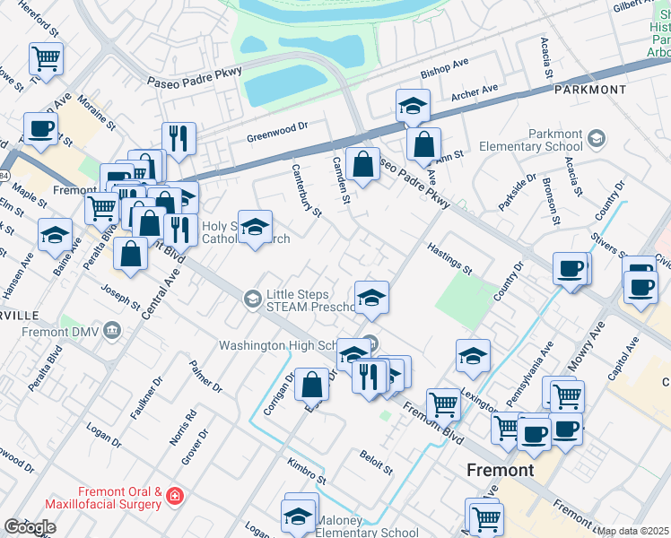 map of restaurants, bars, coffee shops, grocery stores, and more near 38043 Buxton Common in Fremont