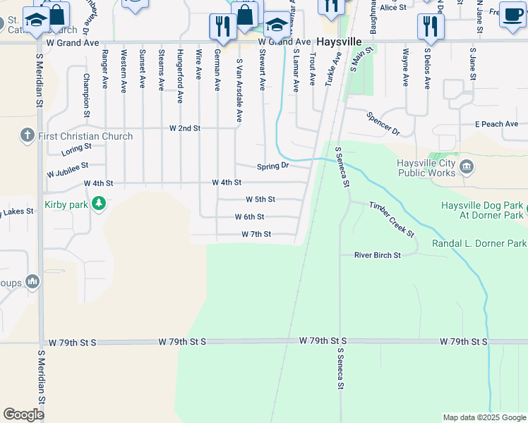 map of restaurants, bars, coffee shops, grocery stores, and more near 413 West 6th Street in Haysville
