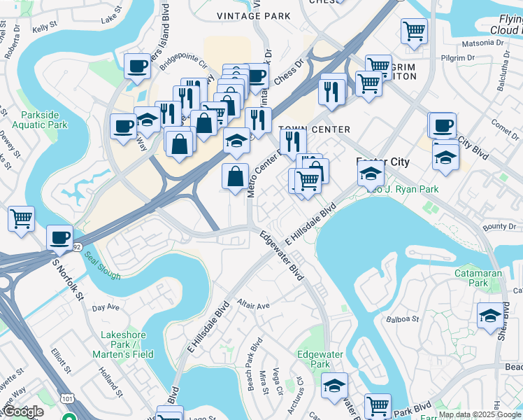 map of restaurants, bars, coffee shops, grocery stores, and more near 119 Cityhomes Lane in Foster City