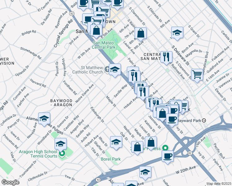 map of restaurants, bars, coffee shops, grocery stores, and more near 133 Seville Way in San Mateo