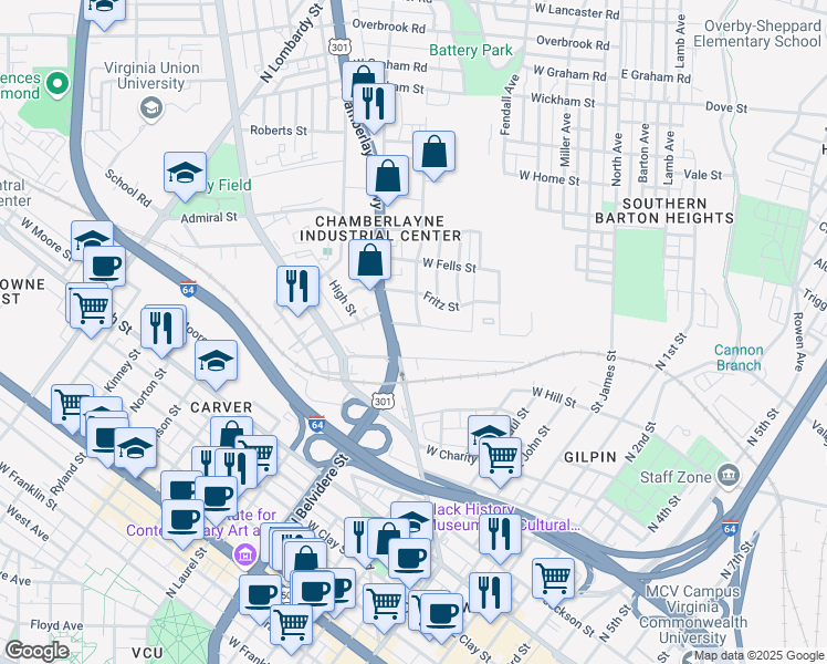 map of restaurants, bars, coffee shops, grocery stores, and more near 601 Mitchell Street in Richmond
