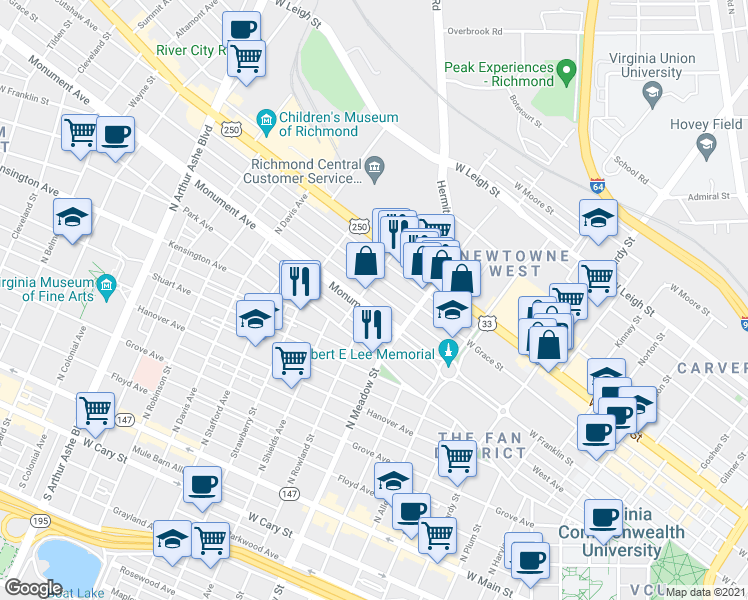 map of restaurants, bars, coffee shops, grocery stores, and more near 2099 Monument Avenue in Richmond