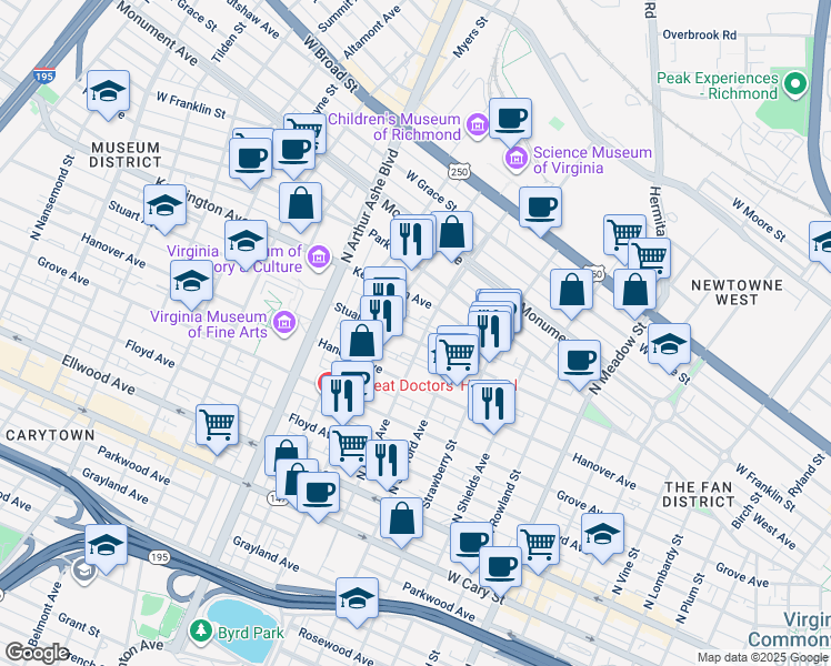 map of restaurants, bars, coffee shops, grocery stores, and more near 2417 Stuart Avenue in Richmond