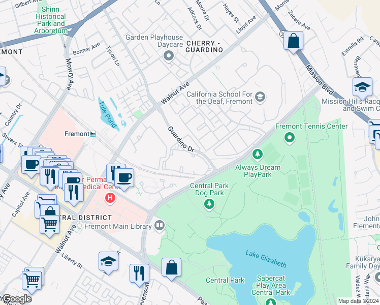 map of restaurants, bars, coffee shops, grocery stores, and more near Red Hawk Circle in Fremont