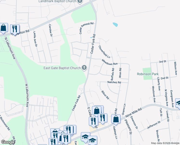 map of restaurants, bars, coffee shops, grocery stores, and more near 5100 Bending Branch Drive in Richmond