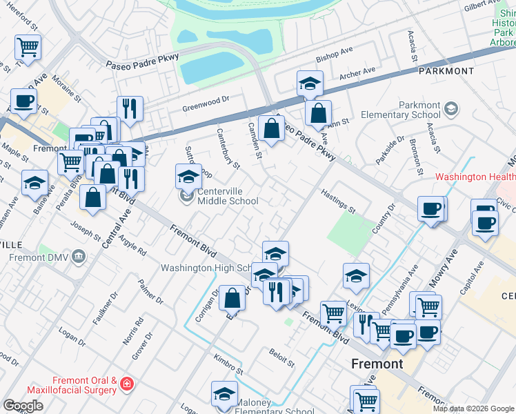 map of restaurants, bars, coffee shops, grocery stores, and more near 38060 Buxton Common in Fremont