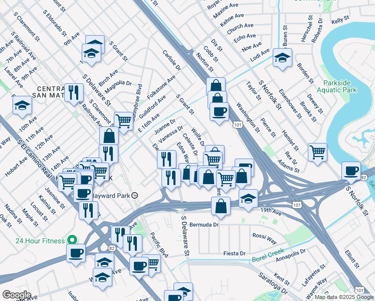 map of restaurants, bars, coffee shops, grocery stores, and more near 675 Edna Way in San Mateo