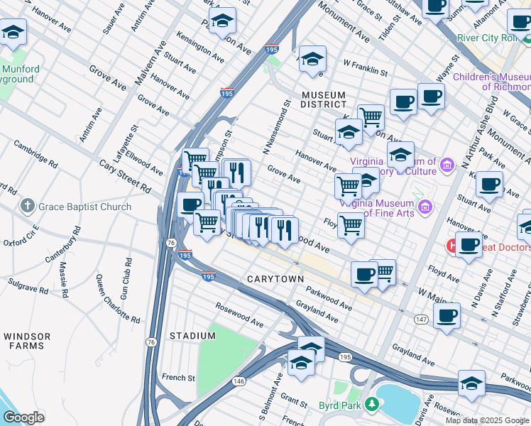 map of restaurants, bars, coffee shops, grocery stores, and more near 6 North Crenshaw Avenue in Richmond