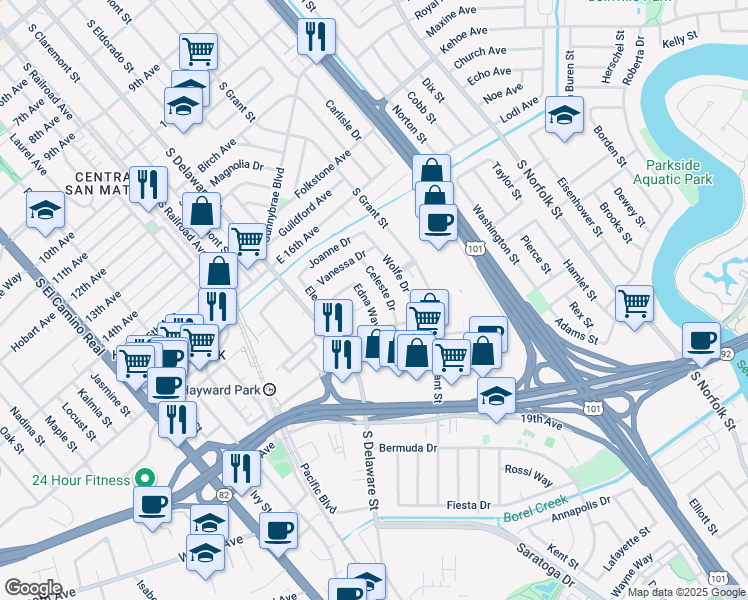 map of restaurants, bars, coffee shops, grocery stores, and more near 675 Edna Way in San Mateo