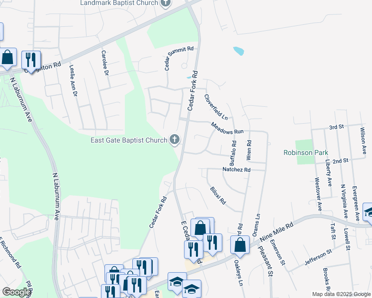 map of restaurants, bars, coffee shops, grocery stores, and more near 5100 Bending Branch Drive in Richmond