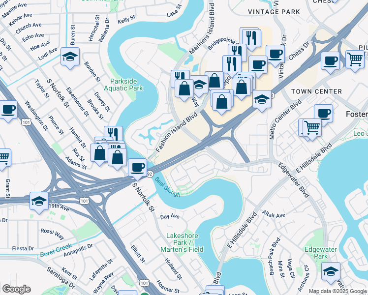 map of restaurants, bars, coffee shops, grocery stores, and more near 1400 Fashion Island Boulevard in San Mateo