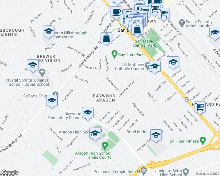 map of restaurants, bars, coffee shops, grocery stores, and more near 333 Georgetown Avenue in San Mateo