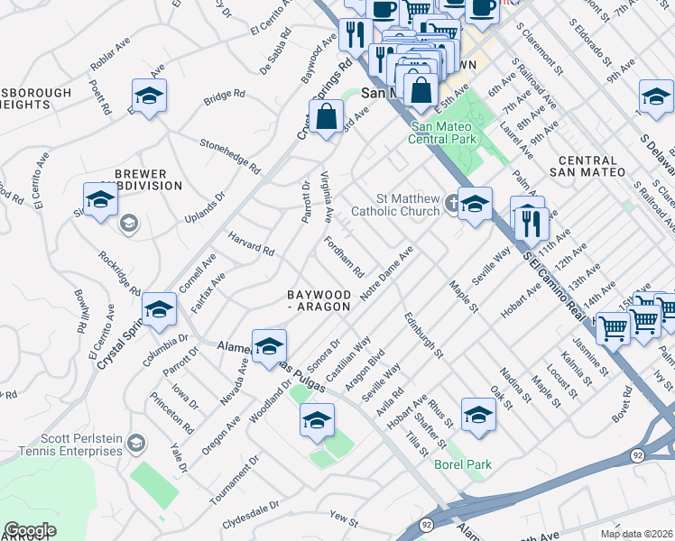 map of restaurants, bars, coffee shops, grocery stores, and more near 333 Georgetown Avenue in San Mateo