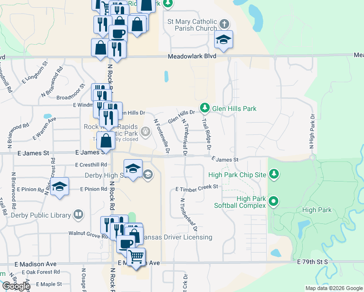 map of restaurants, bars, coffee shops, grocery stores, and more near 1118 North Timberleaf Drive in Derby