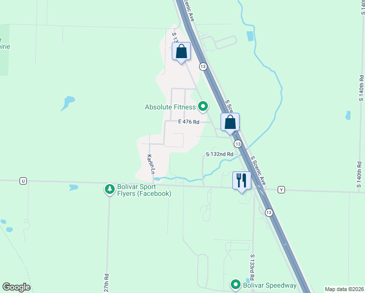 map of restaurants, bars, coffee shops, grocery stores, and more near 1306 East 477th Road in Bolivar