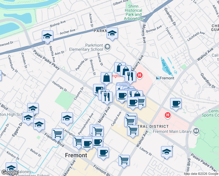 map of restaurants, bars, coffee shops, grocery stores, and more near 2299 Mowry Avenue in Fremont