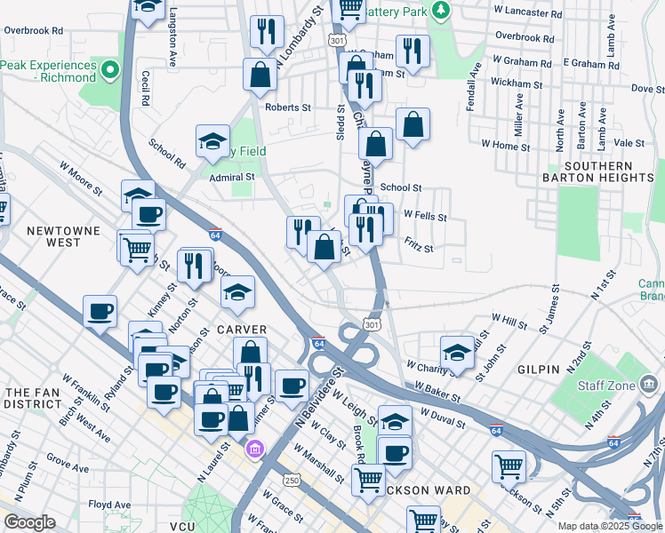 map of restaurants, bars, coffee shops, grocery stores, and more near 1521 Brook Road in Richmond