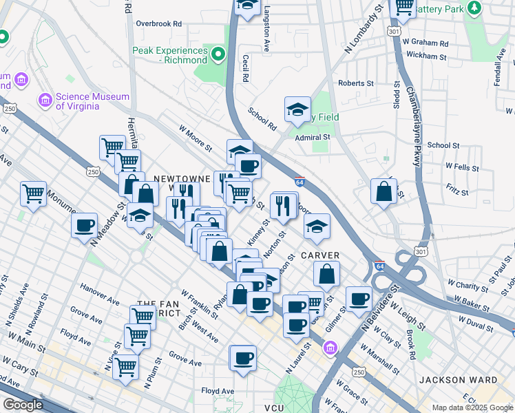 map of restaurants, bars, coffee shops, grocery stores, and more near 1011 North Lombardy Street in Richmond