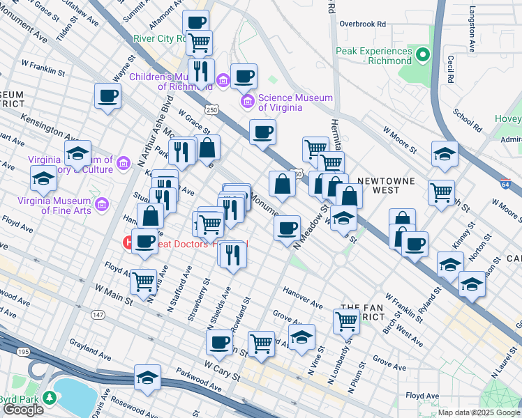 map of restaurants, bars, coffee shops, grocery stores, and more near 2218 Monument Avenue in Richmond
