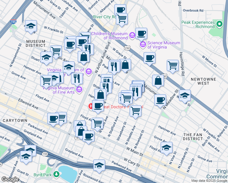 map of restaurants, bars, coffee shops, grocery stores, and more near 2510 Stuart Avenue in Richmond