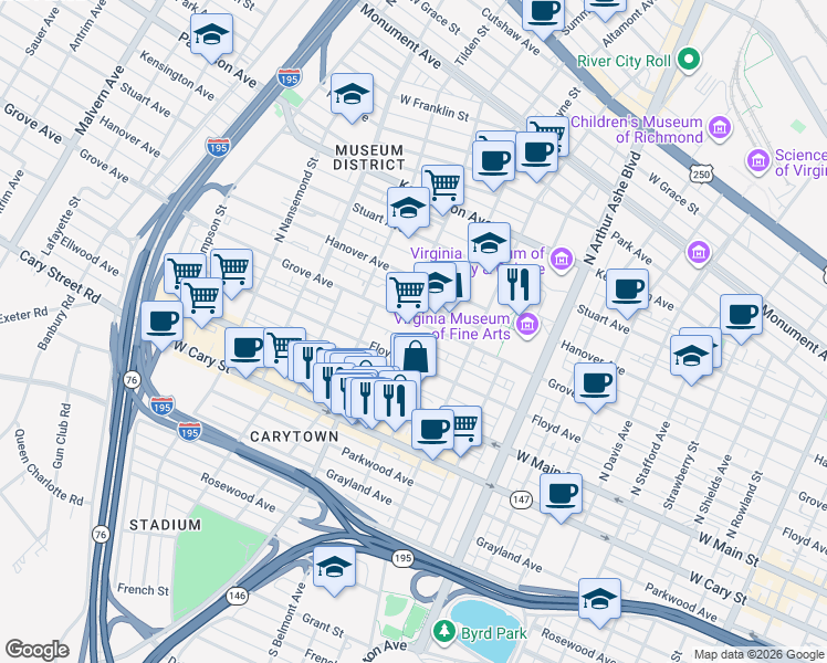 map of restaurants, bars, coffee shops, grocery stores, and more near 3200 Grove Avenue in Richmond