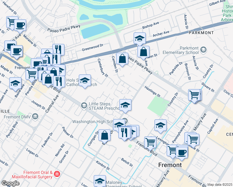 map of restaurants, bars, coffee shops, grocery stores, and more near 38060 Buxton Common in Fremont